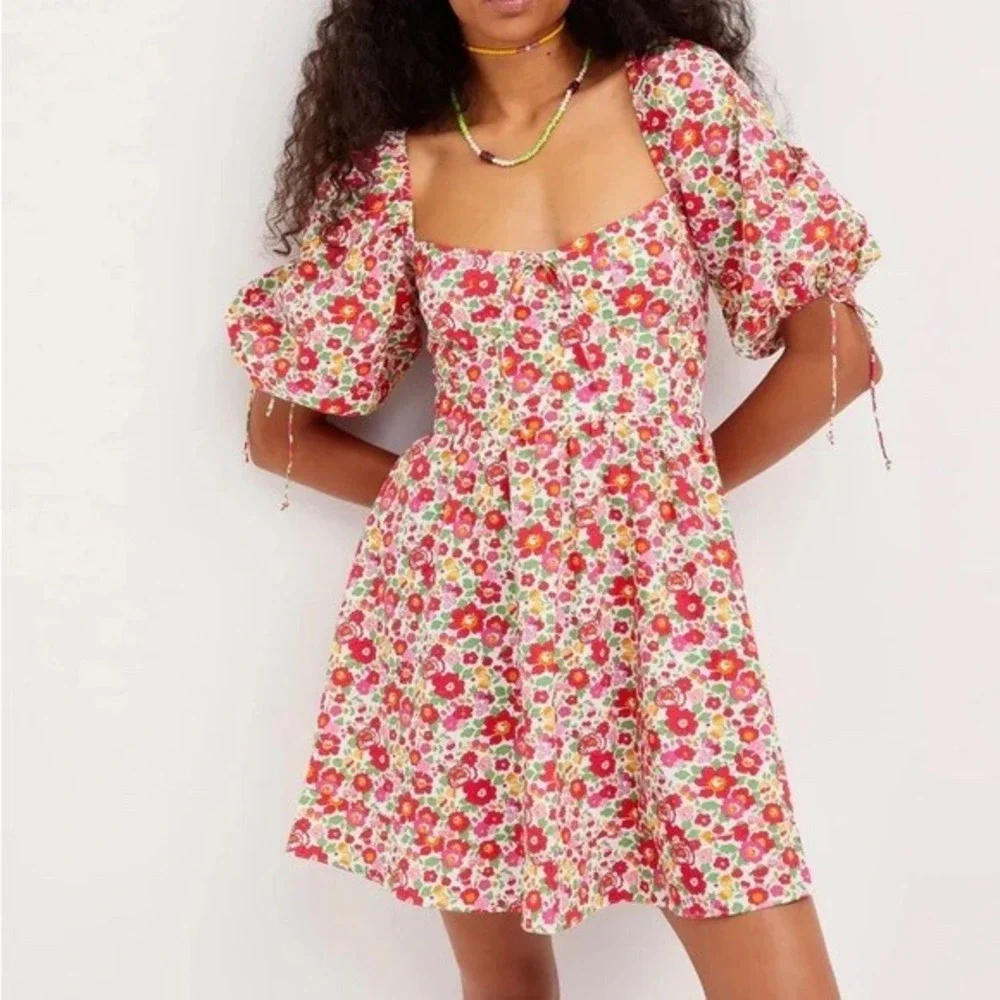 For Love & Lemons XS Floral Puff Sleeve Lace Up Back Mini‎ Dress Red Pink Cotton
